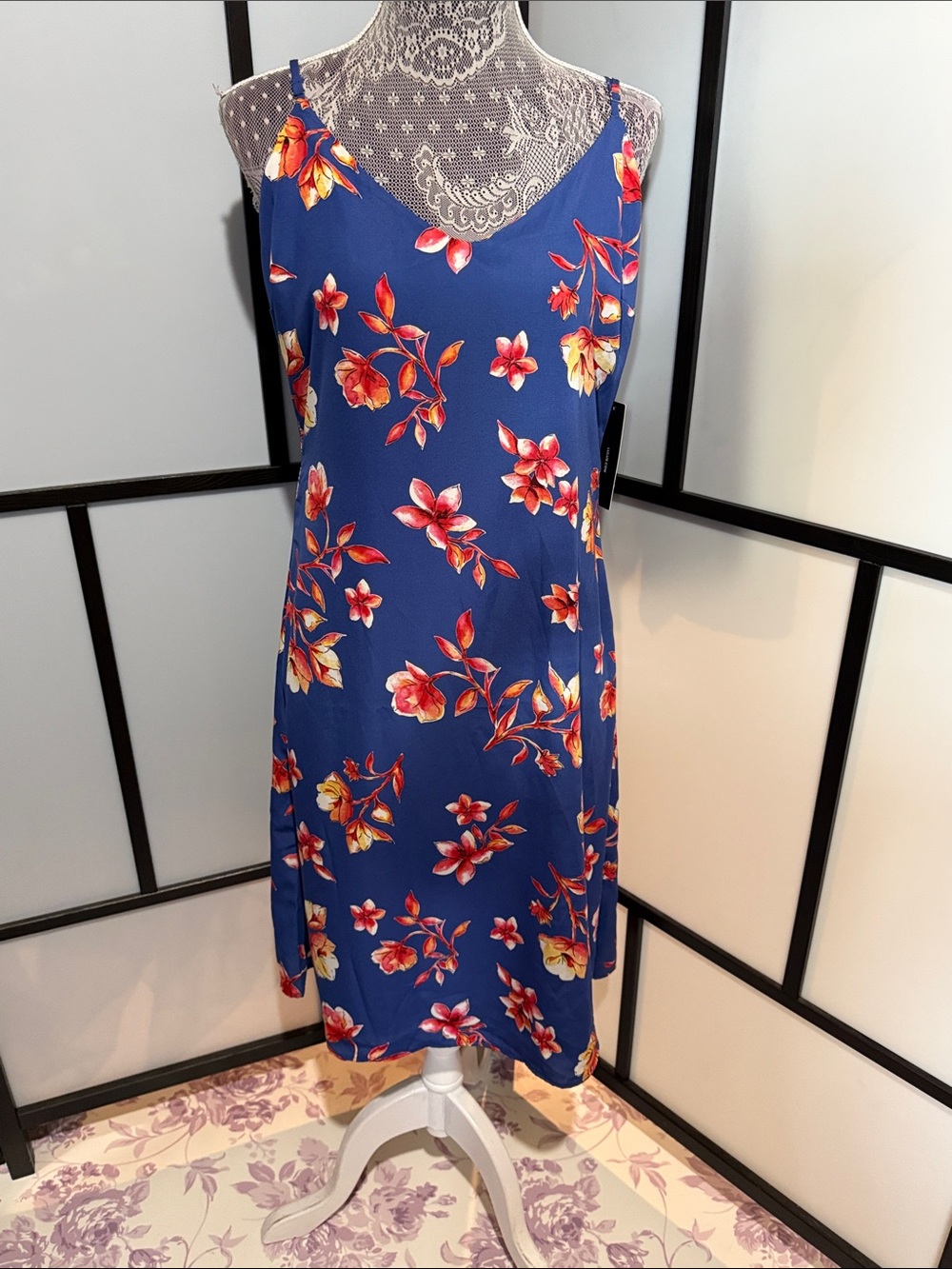 Lulu's Blue Floral Slip Dress with Red and Yellow Blooms